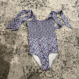 Toddler Blue And Red Flower And Bow Lycra Shoulder Tie Swimsuit